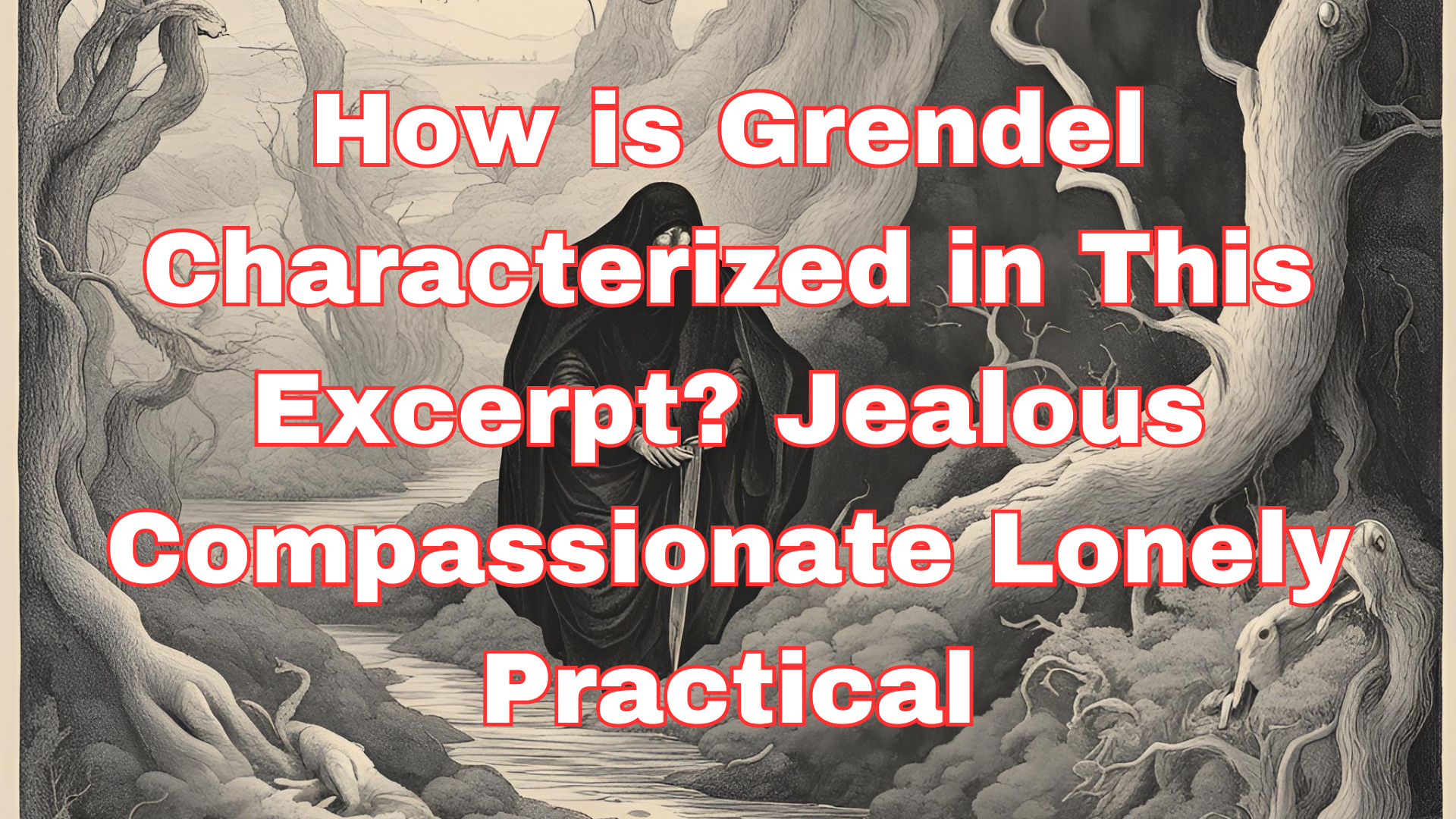 Grendel characterized in this excerpt as a complex mix of emotions: jealous of human joy, compassionate towards his own loneliness, struggling with a practical understanding of his existence.