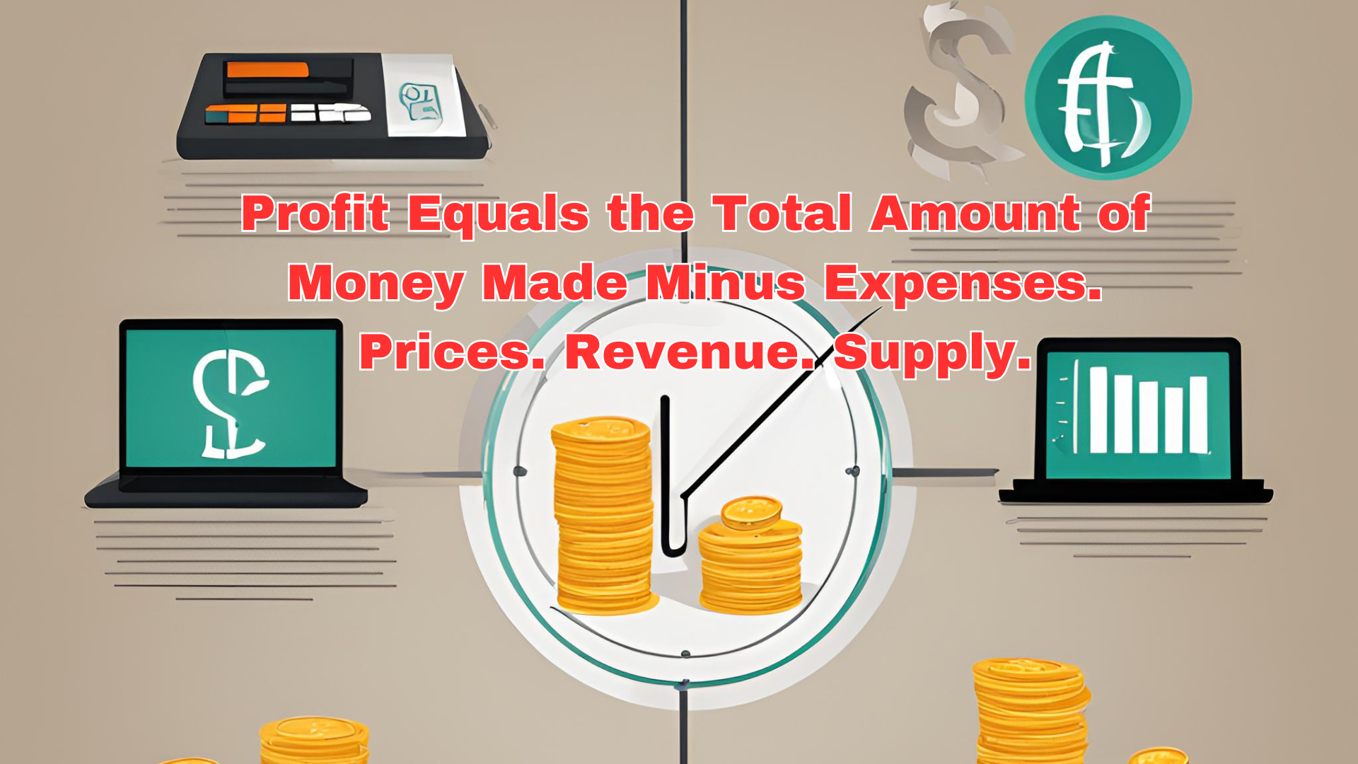 Graphic illustrating the concept of profit calculation, showing the formula: profit equals total revenue minus expenses, with icons representing money, prices, and supply.