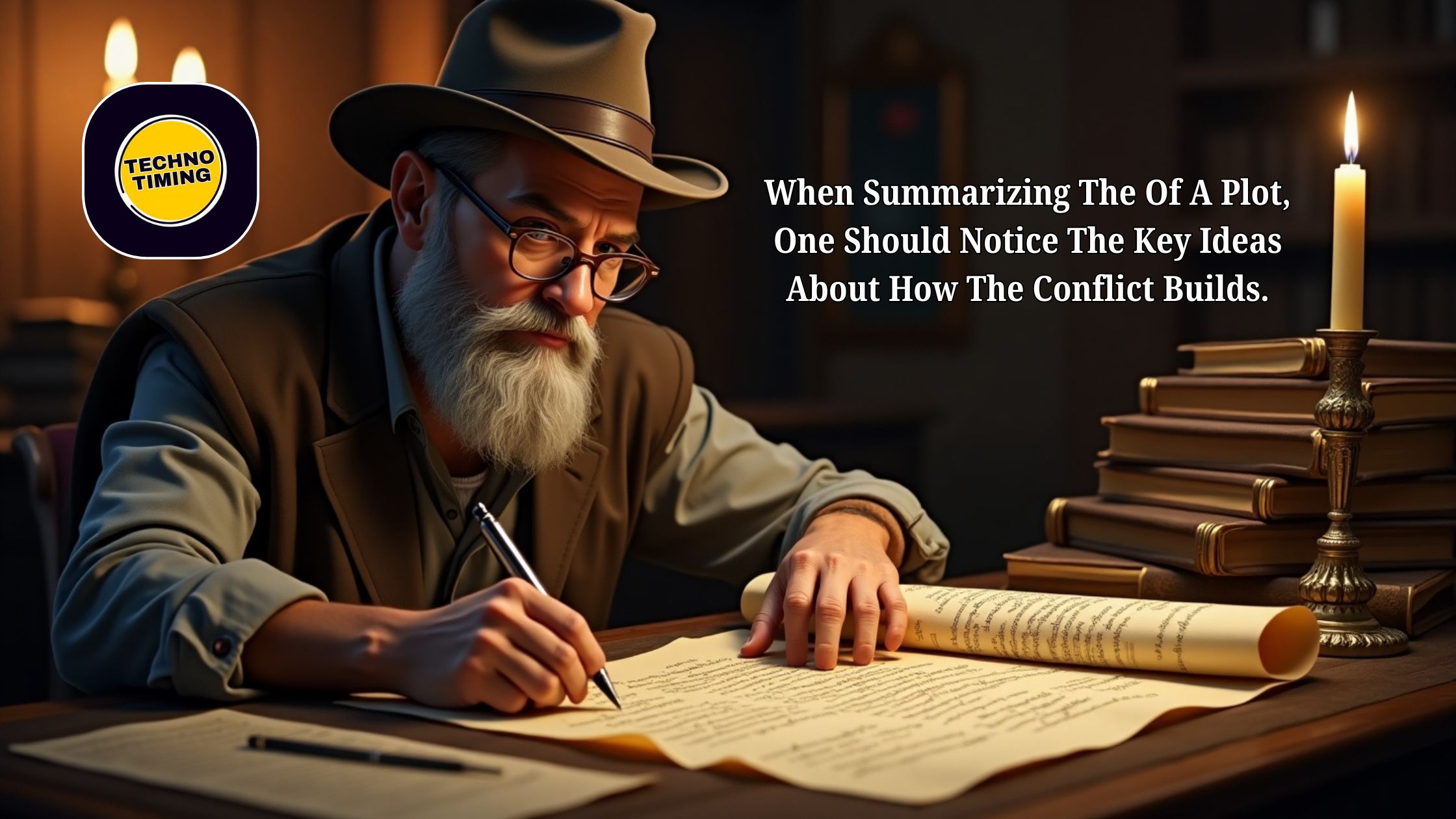 Key ideas in plot summarization highlighting how conflict builds through rising action, climax, and resolution stages.
